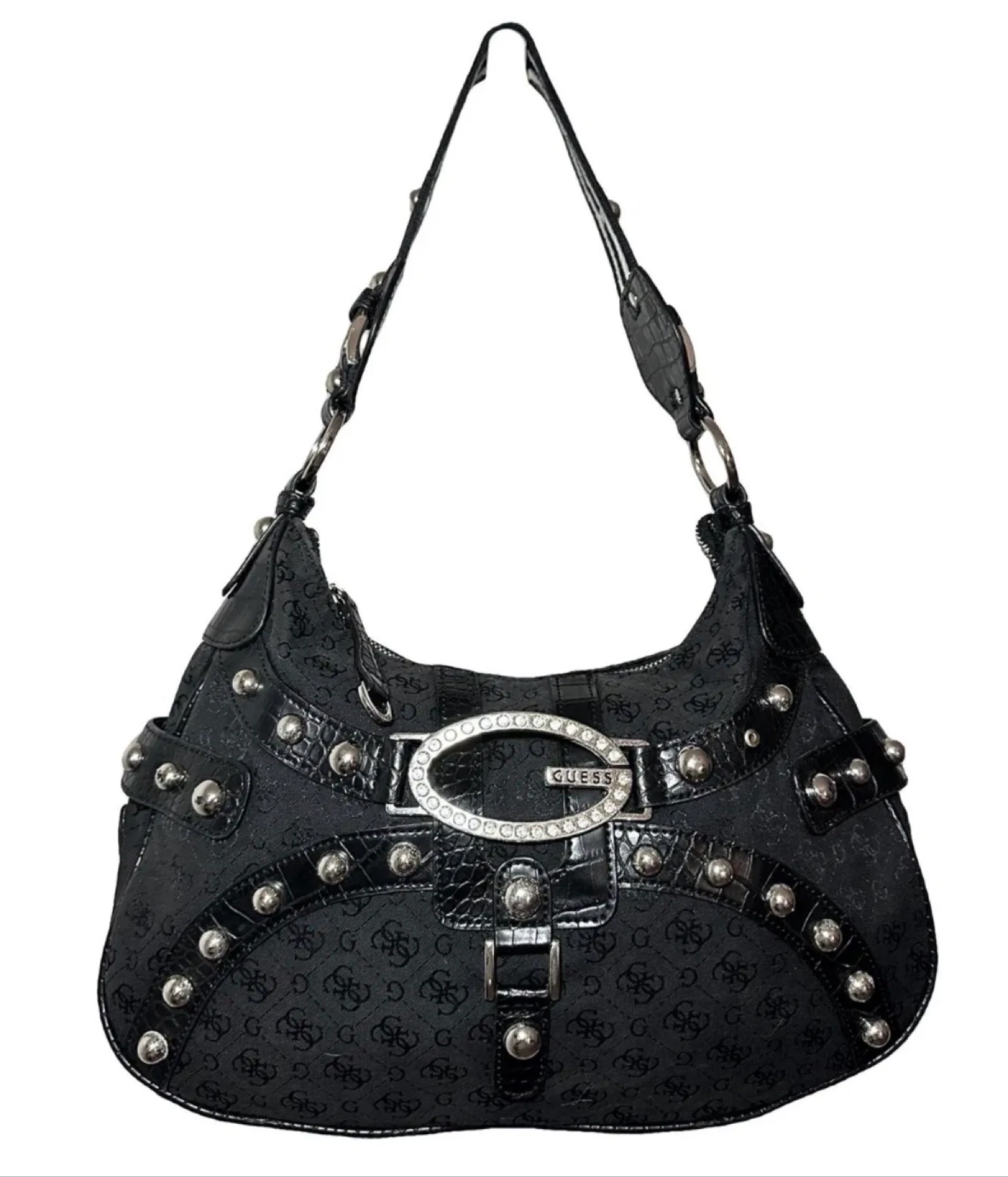 Sac à épaule clouté noir vintage Y2K Guess – Début des années 2000 – photo 2